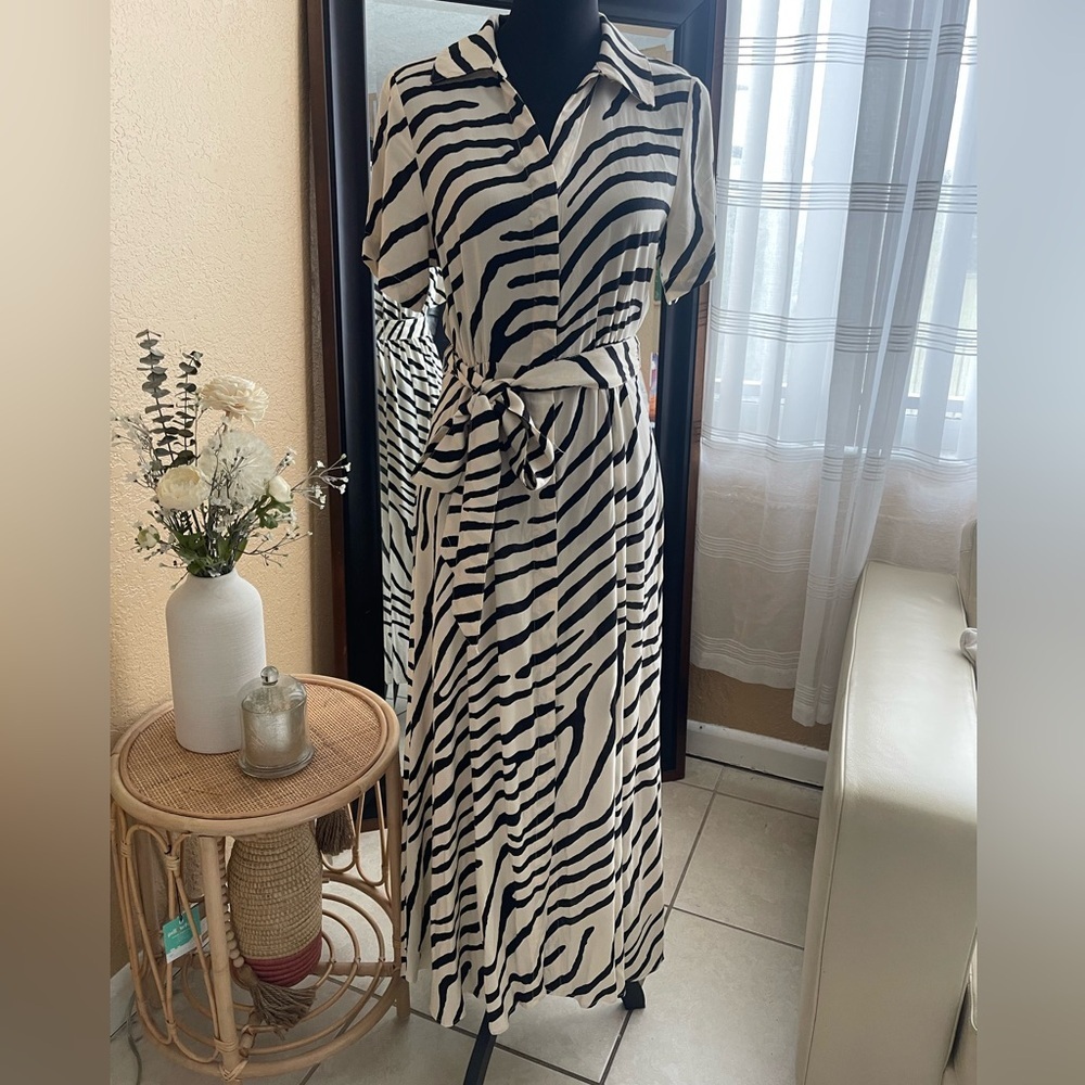 H&M Zebra Print Maxi Dress Button Front Tie Waist Short Sleeve XS